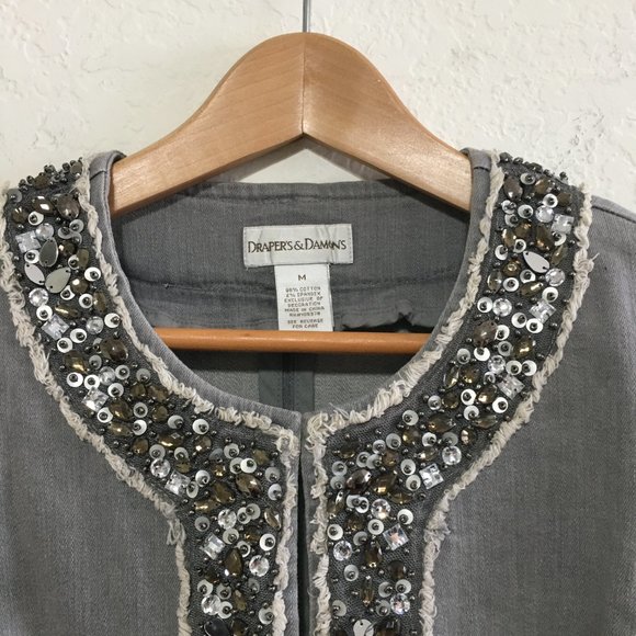 Draper's & Damon's Womens M Stretch Denim Jacket Bead Embellishments Crew Neck - Picture 2 of 14